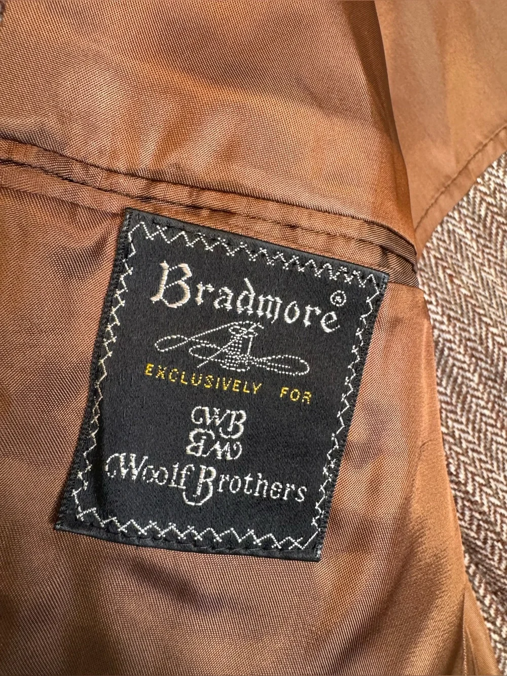 VTG Bradmore Woolf Brothers Brown Tweed Blazer size 42R men’s wool herringbone